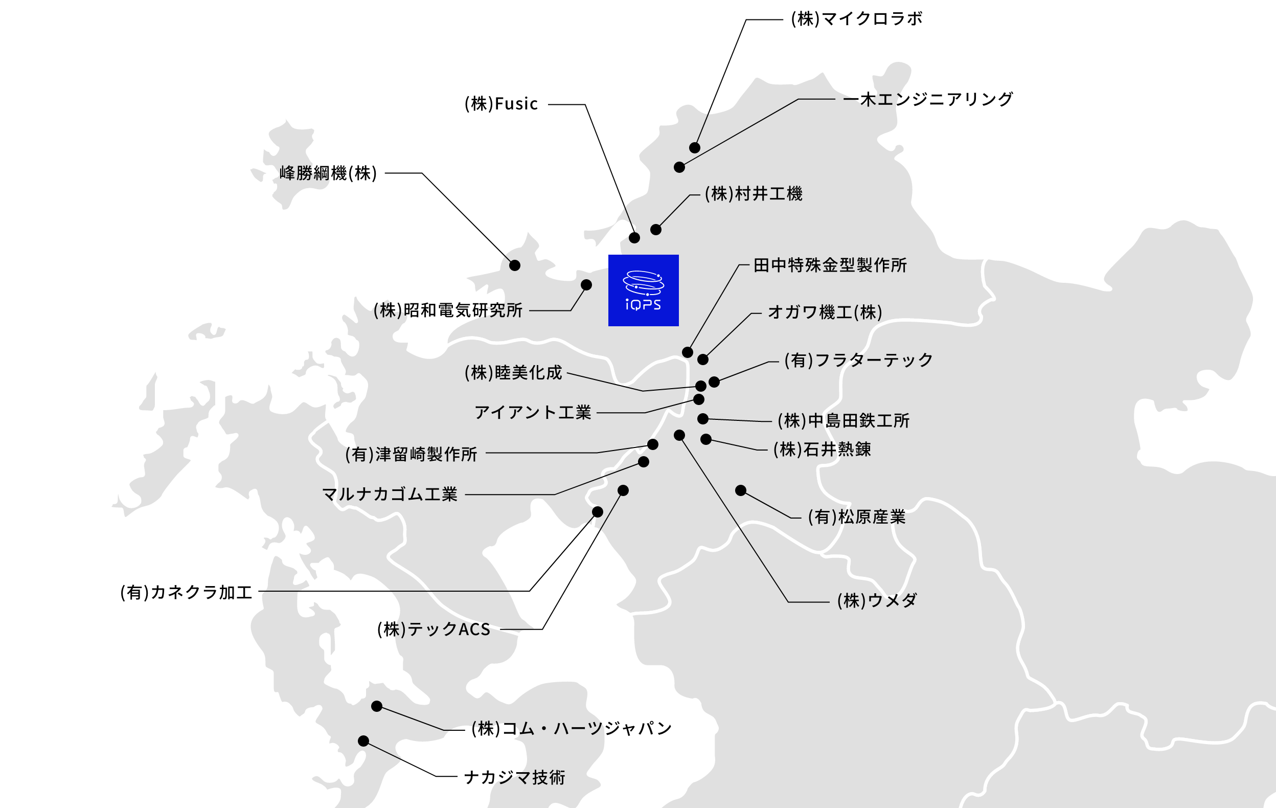 QPS研究所と九州の宇宙産業の位置を示す地図